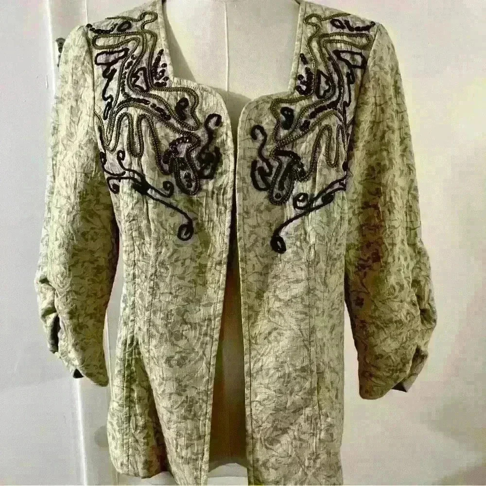 Coldwater Creek Beaded Sequin Embellished Open Blazer Jacket Sz 6P Boho Peasant